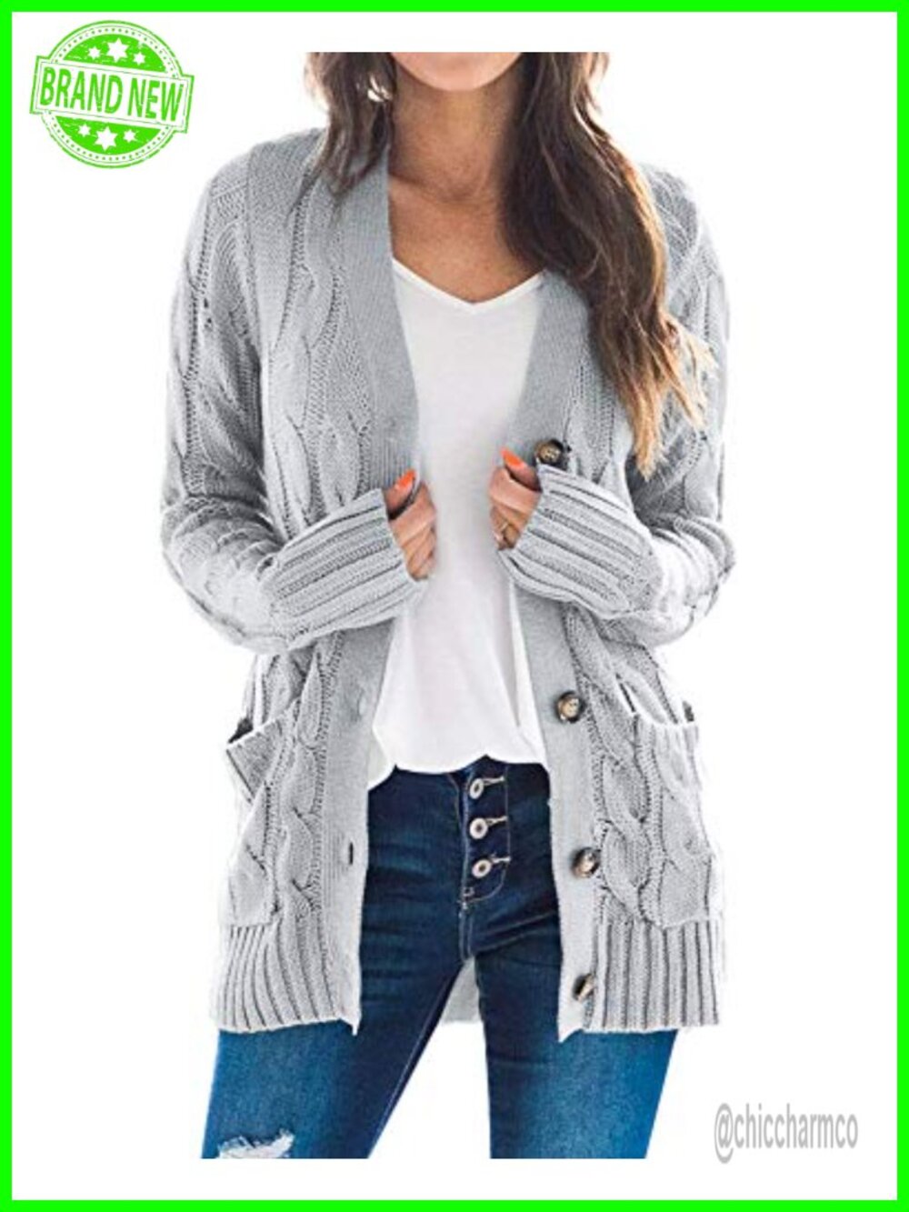 Cable Knit Button Down Cardigan Long Sleeve Open Front Knitwear Sweater